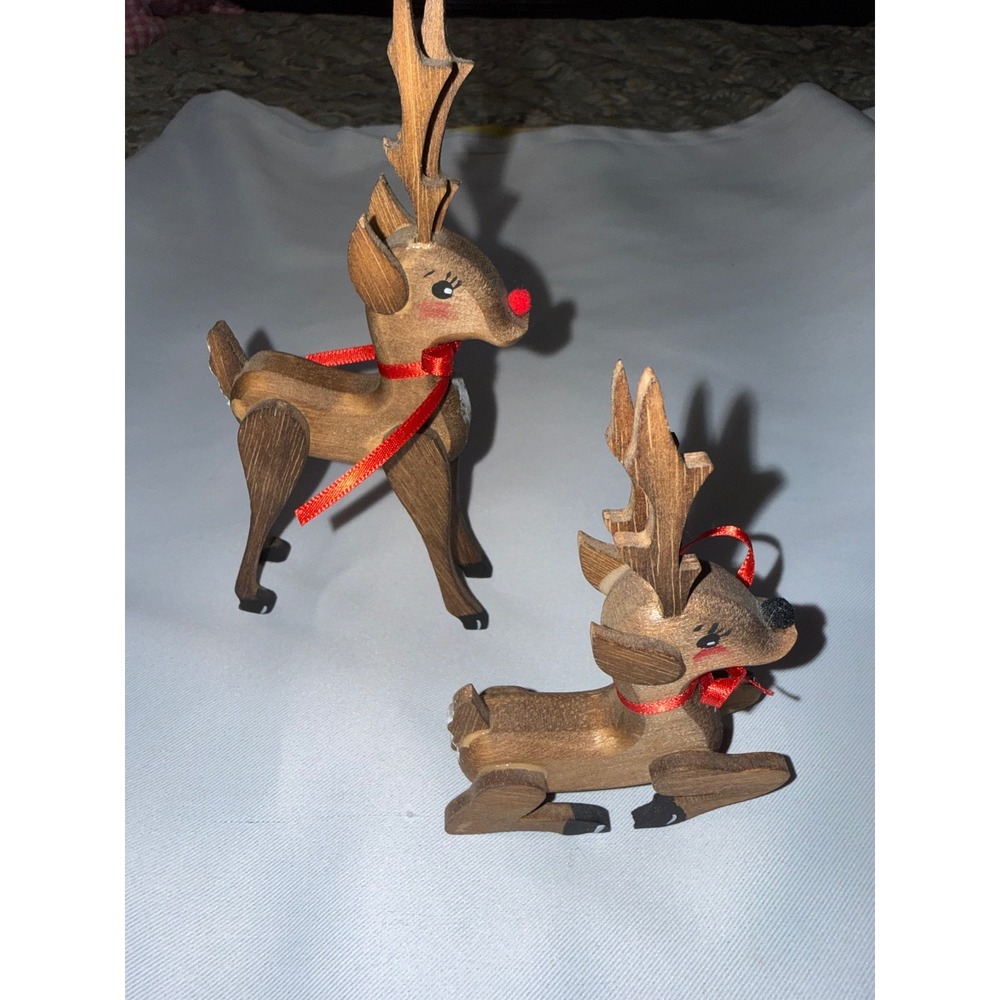 Vintage Wooden Reindeer Figurines Set of 2 Christmas Decor Standing Leaping Deer